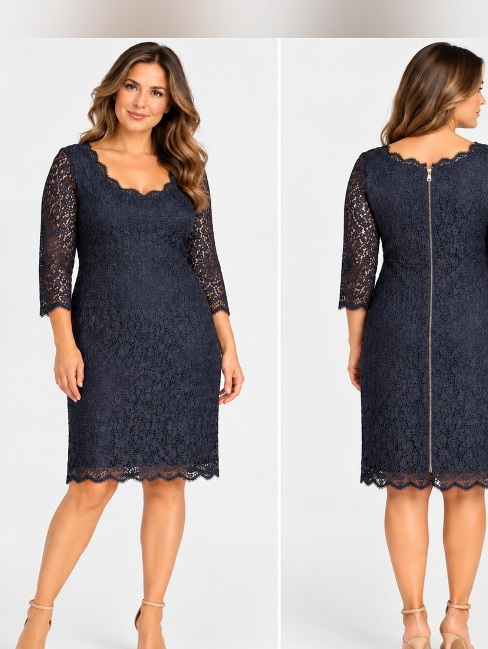 Adrianna Papell Navy Blue Floral Lace Cocktail Dress 16W Wedding Formal Back Zip